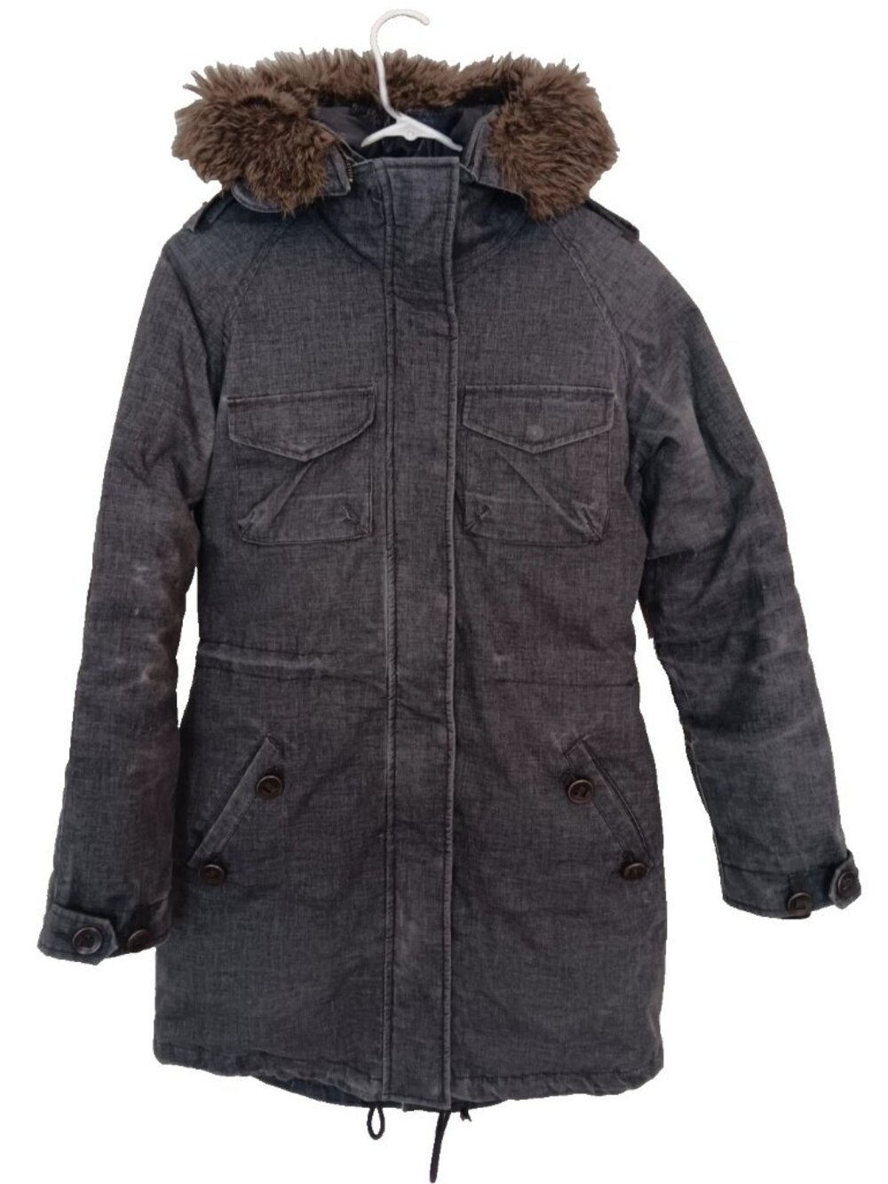 Aritzia Community Womens Small Gray Down Parka Coat Paradigm Faux Fur Hood 700